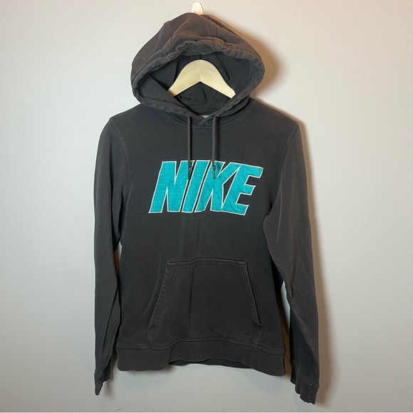 Nike Spell Out Logo Hoodie Men’s‎ S Gray Aqua Sweatshirt Pullover Activewear - Picture 1 of 6